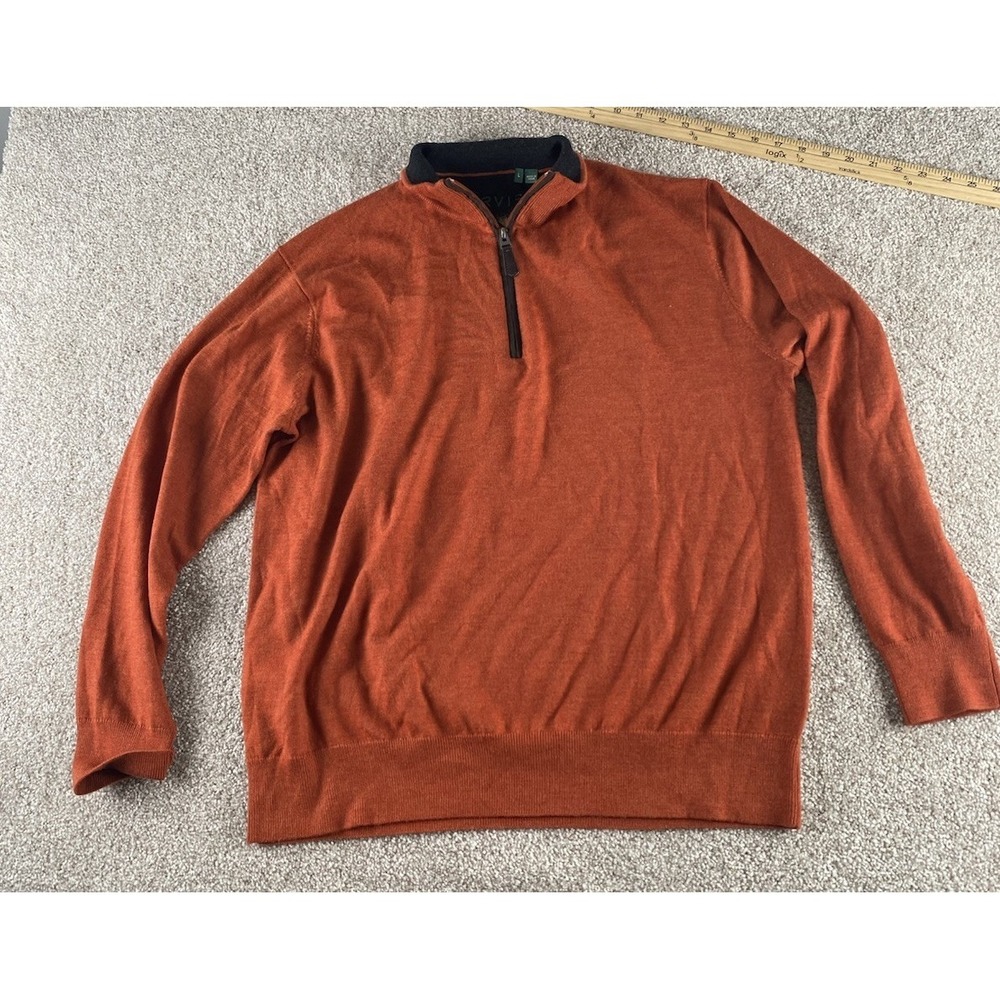Orvis Sweater Mens Large Orange 100% Merino Wool Quarter Zip Leather Trim Preppy - Picture 3 of 8